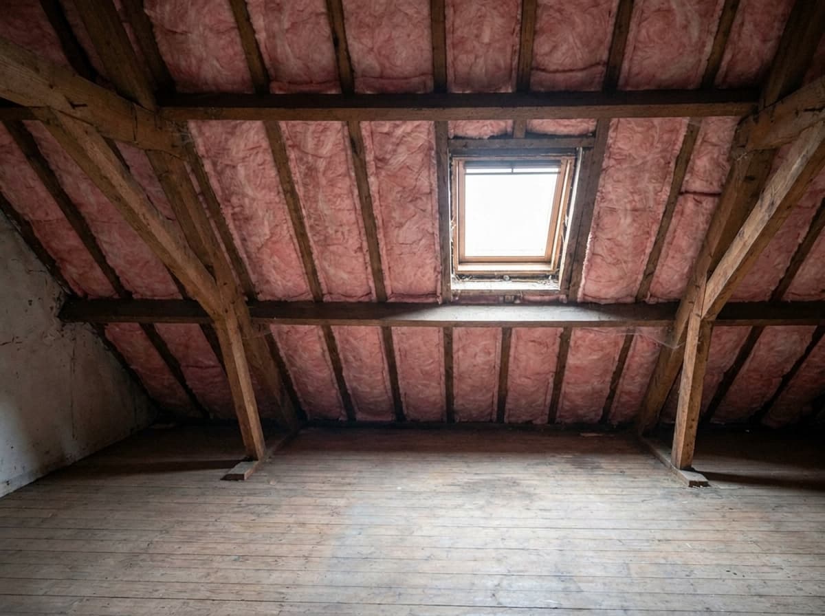 Zelfde zolder met dikke roze minerale-wol isolatie tussen alle balken