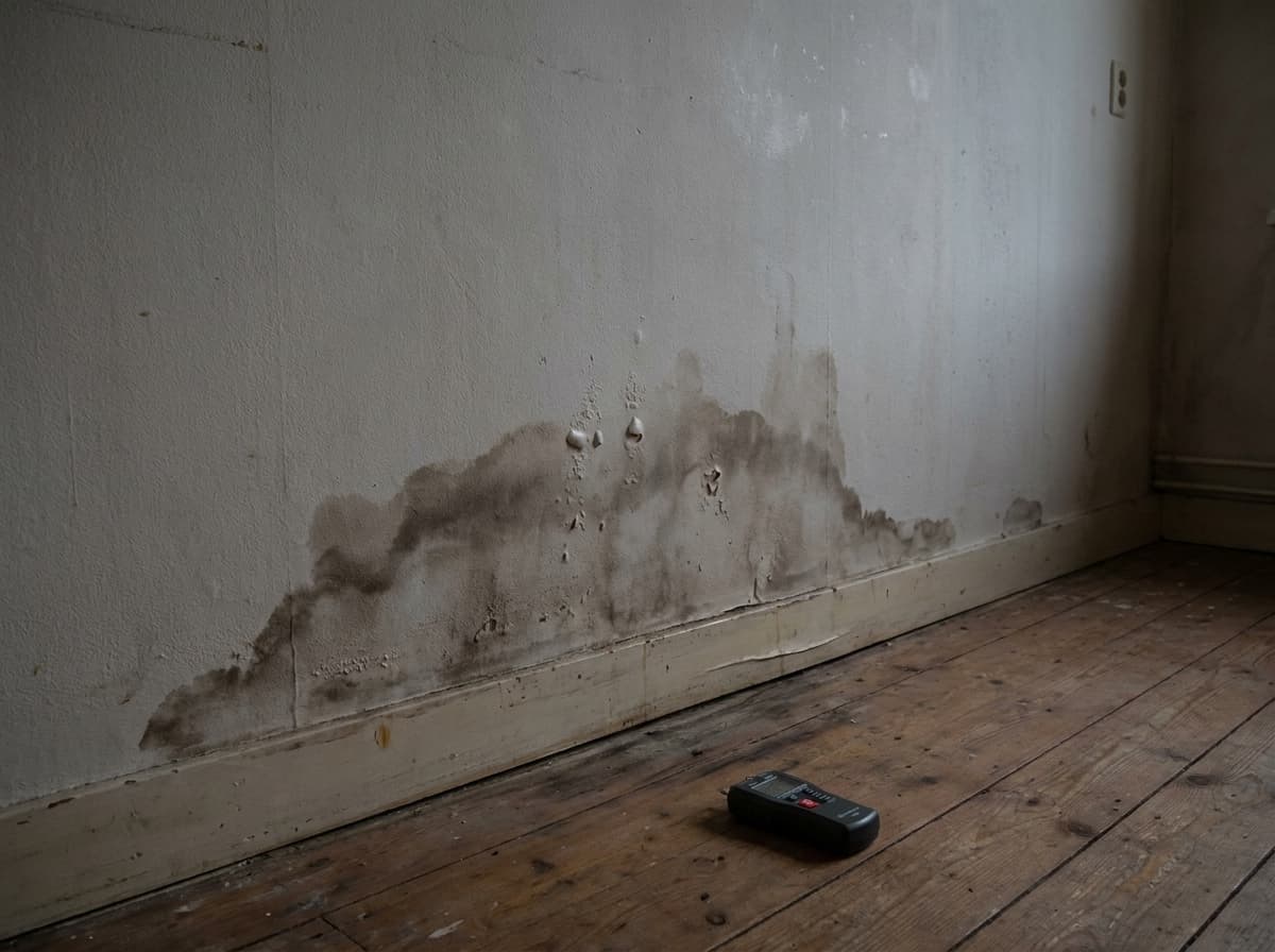 Binnenmuur met vochtige donker verkleurde onderzijde
