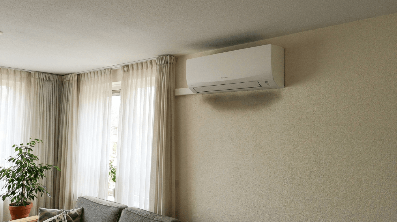 Een strakke split-unit airco aan een woonkamermuur