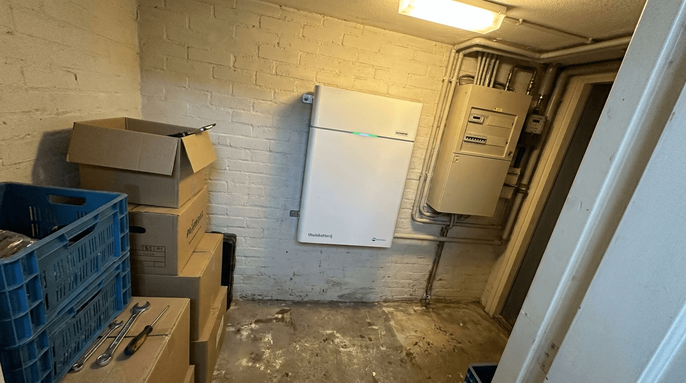 Een thuisbatterij gemonteerd in een bijkeuken of garage