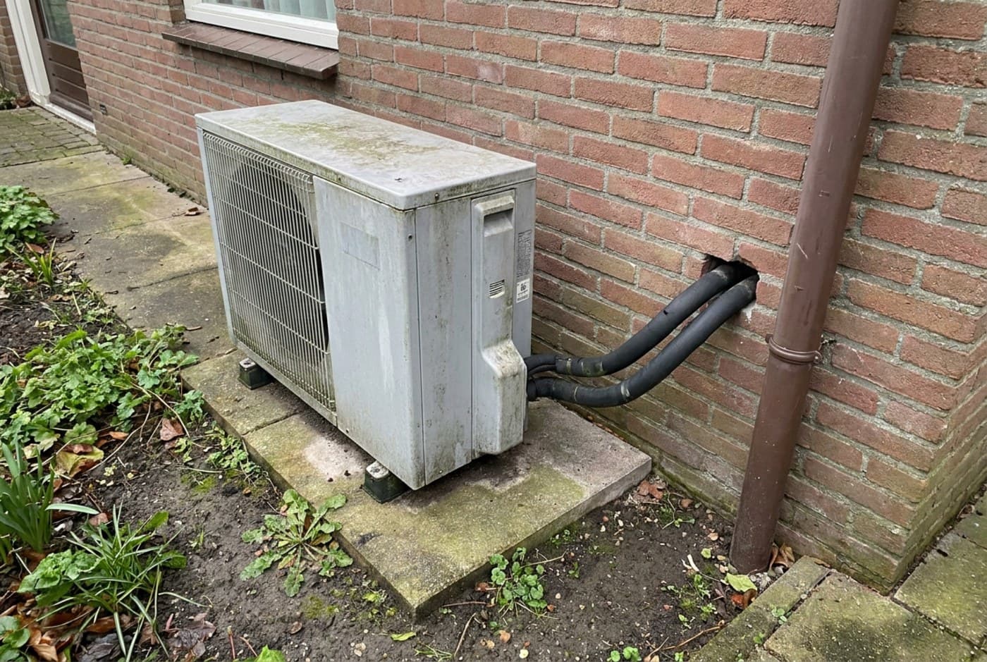 Buitenunit van de geplaatste warmtepomp tegen de gevel